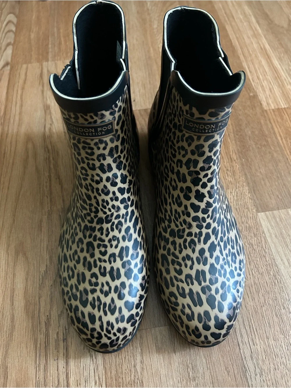 London Fog Leopard Print Ankle Rain Boots - Black & Tan.Size 10